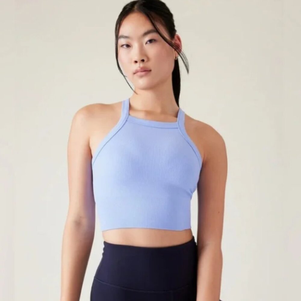 NWT Athleta Aurora Seamless High Neck V-Back Ribbed Tank Top Blue Size Medium
